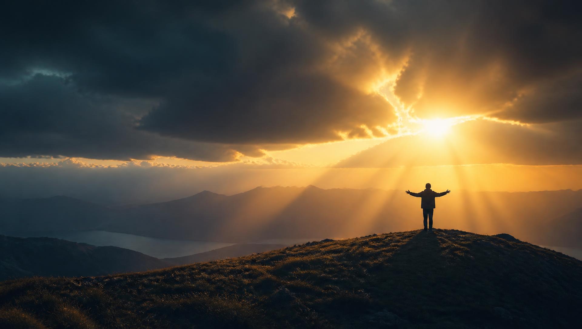 A believer on a hilltop as light breaks through the clouds